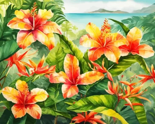 Tropical Hibiscus Flowers Art Diamond Painting