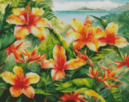 Tropical Hibiscus Flowers Art Diamond Painting