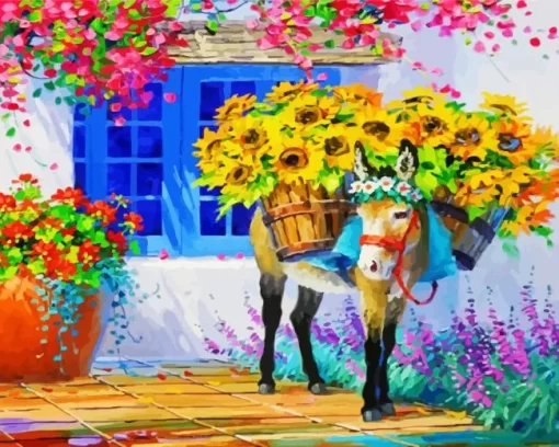 Abstract Donkey And Sunflowers Diamond Painting