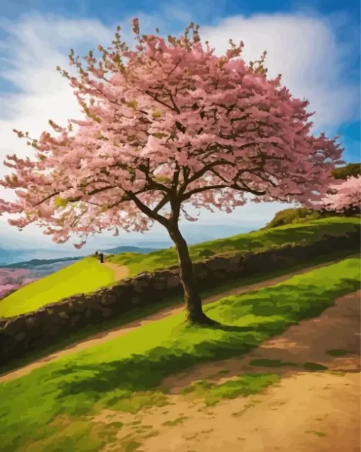 Cherry Blossom Tree On A Hill Diamond Painting