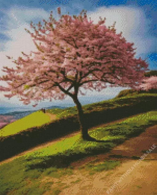 Cherry Blossom Tree On A Hill Diamond Painting