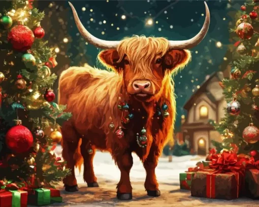 Christmas Highland Cow Diamond Painting