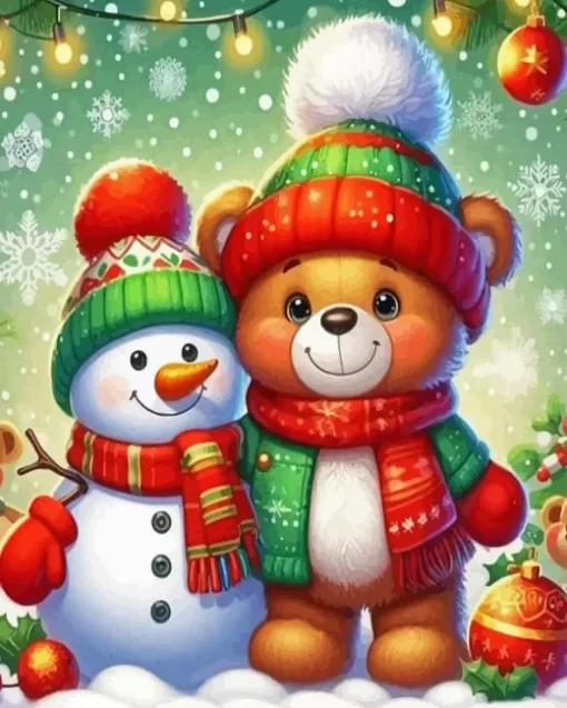 Christmas Teddy Bear And Snowman Diamond Paintings