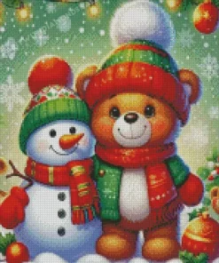 Christmas Teddy Bear And Snowman Diamond Paintings