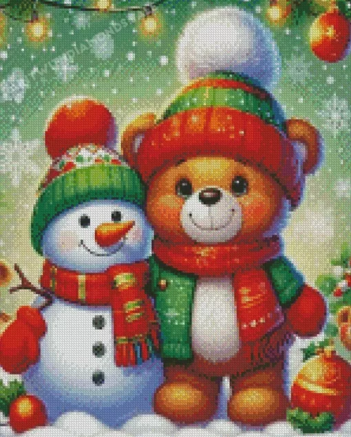 Christmas Teddy Bear And Snowman Diamond Paintings