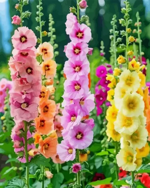 Colorful Hollyhocks Diamond Painting