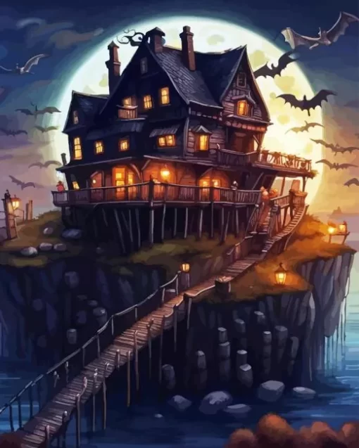 Full Moon Halloween House Diamond Paintings