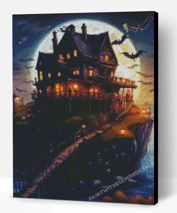 Moonlit Haunted House on a Cliff Halloween Diamond Paintings