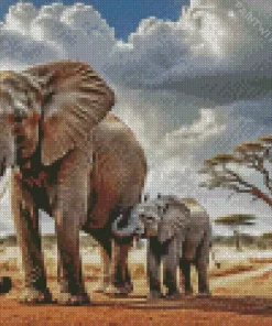 Mother And Baby Elephants Diamond Painting