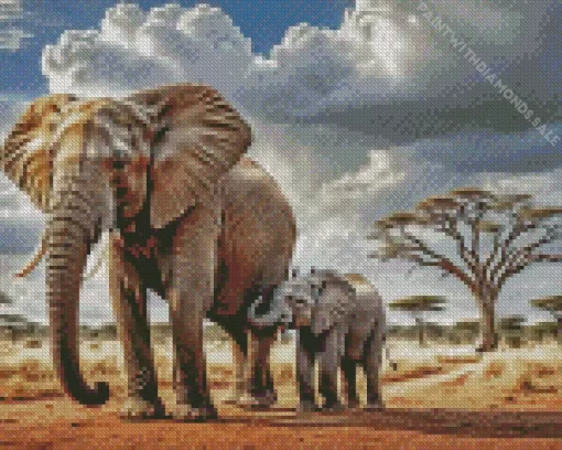 Mother And Baby Elephants Diamond Painting