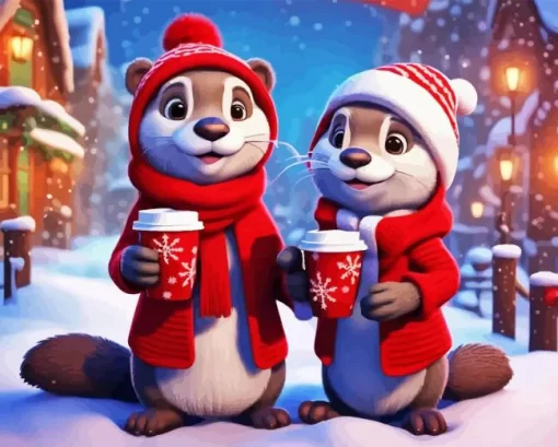 Otter Christmas Couple Diamond Paintings