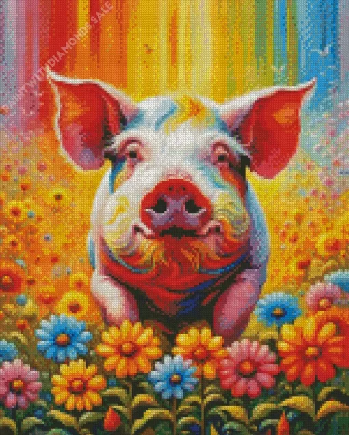 Pig And Colorful Flowers Diamond Painting