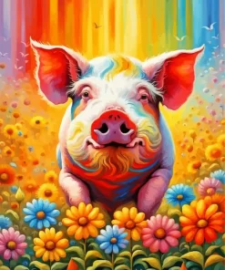 Pig And Colorful Flowers Diamond Painting