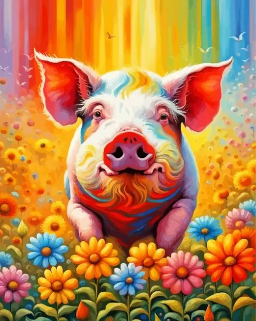 Pig And Colorful Flowers Diamond Painting