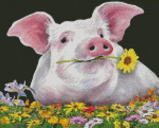 Pig With Flowers Diamond Painting