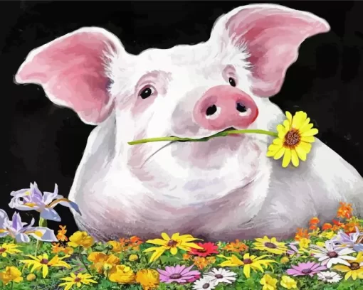 Pig With Flowers Diamond Painting