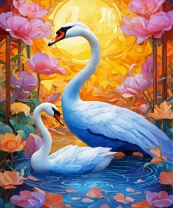 Pink Flowers And Swans Diamond Painting