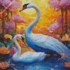 Pink Flowers And Swans Diamond Painting