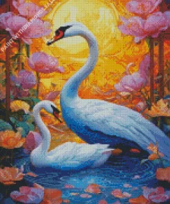 Pink Flowers And Swans Diamond Painting