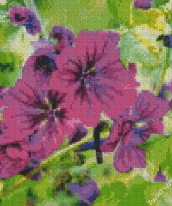 Purple Hollyhocks Flowers Diamond Painting