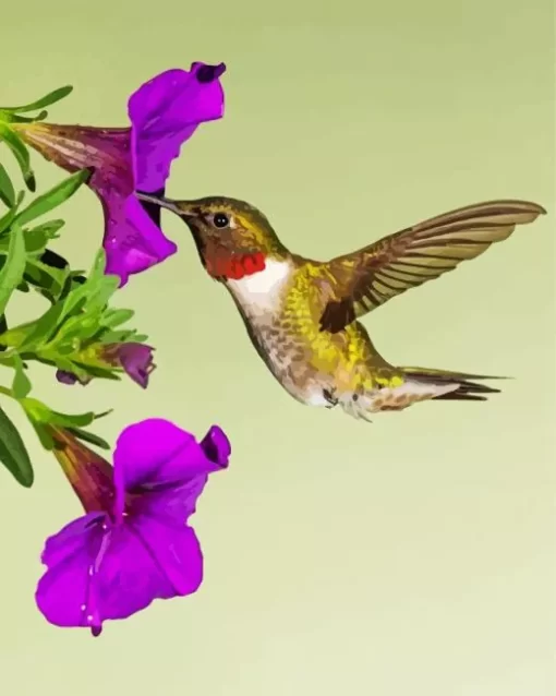 Purple Petunia And Hummingbird Diamond Painting