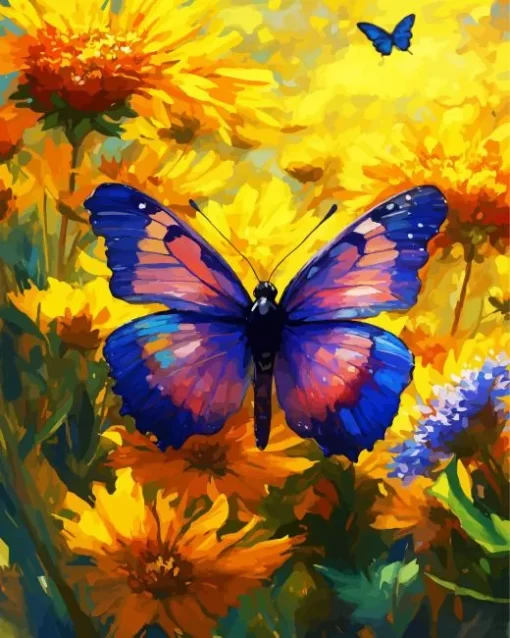 Purple Butterfly And Yellow Flowers Diamond Painting