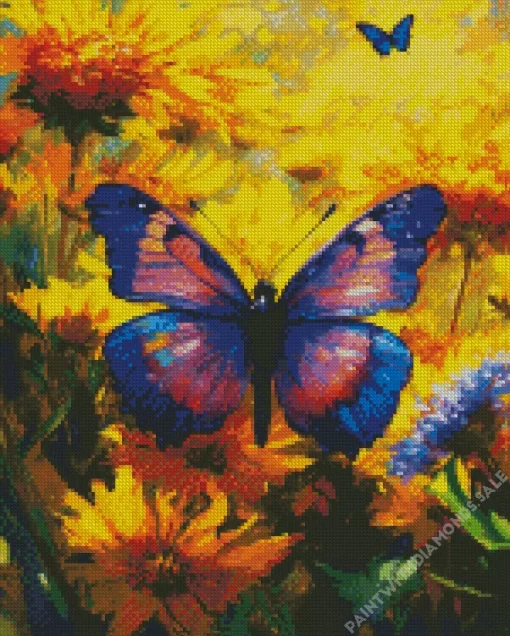 Purple Butterfly And Yellow Flowers Diamond Painting