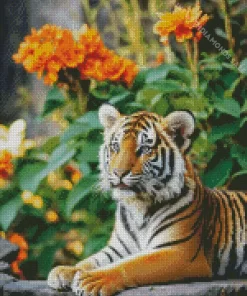 Tiger With Orange Flowers Diamond Painting