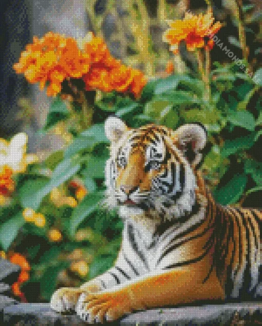 Tiger With Orange Flowers Diamond Painting