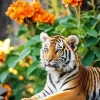 Tiger With Orange Flowers Diamond Painting