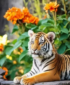 Tiger With Orange Flowers Diamond Painting