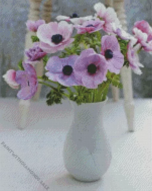 White Vase Of Anemone Flowers Diamond Painting