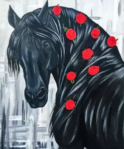 Black Horse With Red Flowers Diamond Painting