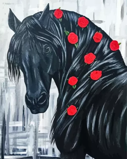 Black Horse With Red Flowers Diamond Painting