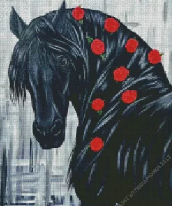 Black Horse With Red Flowers Diamond Painting