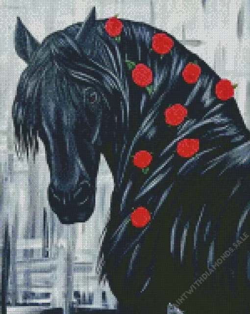 Black Horse With Red Flowers Diamond Painting