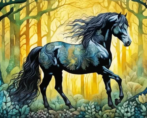 Friesian Horse In The Forest Art Diamond Painting