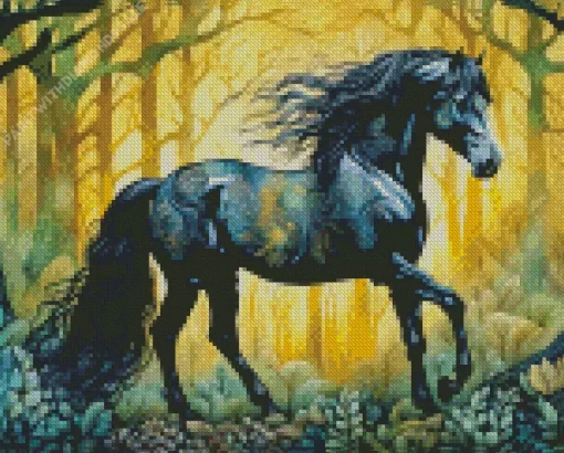 Friesian Horse In The Forest Art Diamond Painting