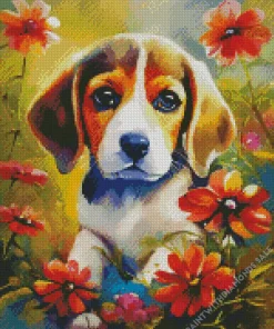 Beagle Dog With Pink Flowers Diamond Painting