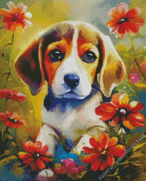 Beagle Dog With Pink Flowers Diamond Painting