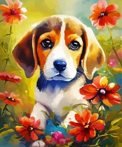 Beagle Dog With Pink Flowers Diamond Painting