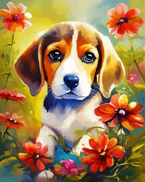 Beagle Dog With Pink Flowers Diamond Painting