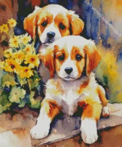 Beagle Dogs With Yellow Flowers Diamond Painting