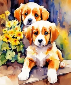 Beagle Dogs With Yellow Flowers Diamond Painting