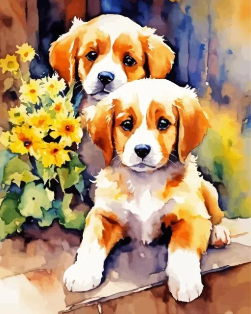 Beagle Dogs With Yellow Flowers Diamond Painting