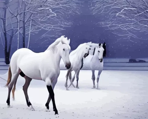 Beautiful White Horses In Snow Diamond Painting