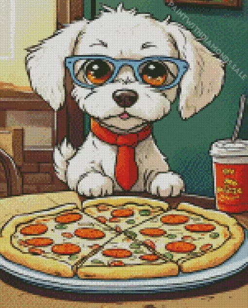 Bichon Frise Eating Pizza Diamond Painting