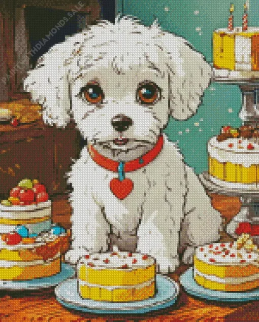 Bichon Frise With Cakes Diamond Painting