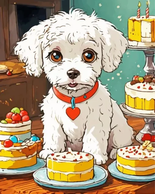 Bichon Frise With Cakes Diamond Painting