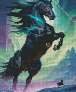 Black Horse With Aurora Lights Diamond Painting